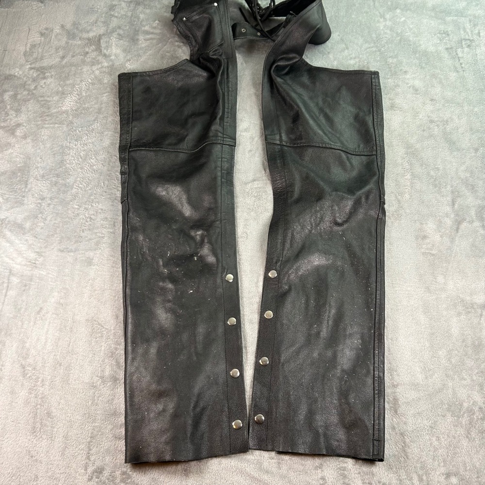Genuine Leather Motorcycle Chaps Black Biker Riding Gear XS Snap Hem Zipper